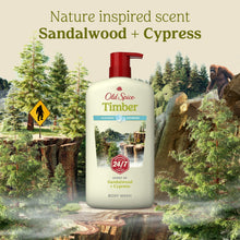 Old Spice Timber body wash bottle with red pump, Sandalwood + Cypress label