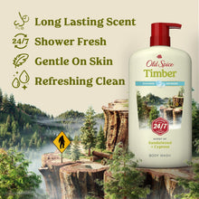 Old Spice Timber body wash bottle with red pump, 24/7 shower fresh label