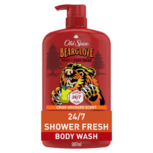 Red Bearglove body wash bottle with pump and 24/7 Shower Fresh label, front view