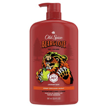 Red Bearglove body and face wash bottle with pump, back label, full bottle view