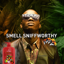 Bearglove body wash bottle small at lower left, man wearing sunglasses, front view