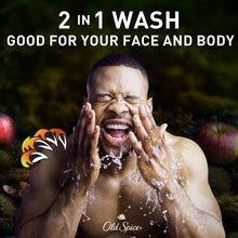 Man washing face and body with thick lather, Bearglove branding near bottle icon