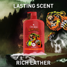 Red body wash bottle with pump, Bearglove label and rich lather splash, front centered