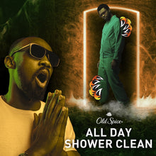 Bearglove body wash branding with man standing in shower steam, hands together
