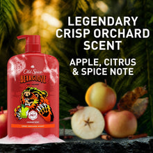 Red body wash bottle with Bearglove label and fruit graphic, front with pump