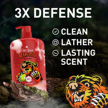 Red body wash bottle with pump and Bearglove tiger-bear label, front view