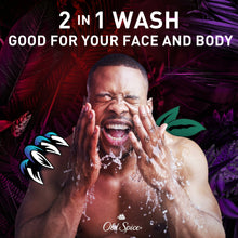Old Spice body wash promo showing man lathering with foam and logo