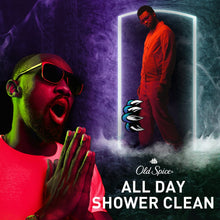 Old Spice body wash promo with shower-clean logo and standing man in orange