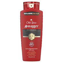 Old Spice Swagger body wash bottle, red, cedarwood scent, 24/7 and 24 oz