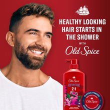 Old Spice Raptorstrike 2-in-1 shampoo & conditioner bottle with smiling man, red pump