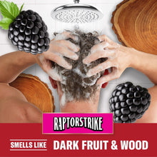 Hair washing with foam and Raptorstrike branding, hands under a showerhead
