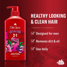 Old Spice Raptorstrike 2-in-1 shampoo & conditioner bottle with graphic label, red pump