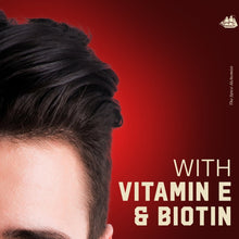 Hair care graphic with Vitamin E & biotin text and dark hair