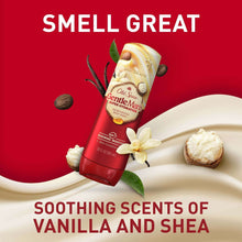 Body wash bottle with vanilla and shea ingredients surrounding it on a red graphic background.