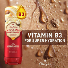 Body wash bottle with Vitamin B3 badge and tan moisturizing droplets in a shower scene.