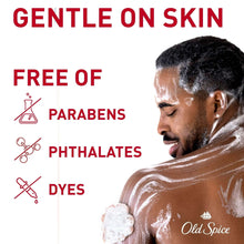 Body wash bottle shown with a man lathering skin, soap foam covering his shoulders.