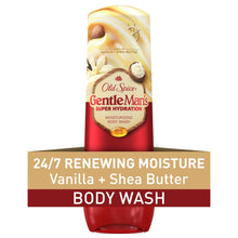 GentleMen's body wash bottle, red base with yellow vanilla-shea top and flip cap.