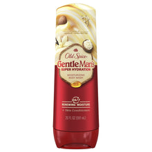 GentleMen's super hydration body wash bottle, red with vanilla-shea swirl cap and B3 badge.