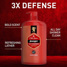 Old Spice Swagger body wash bottle with pump, red, front label with feature callouts