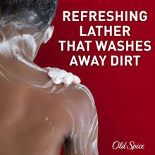 Refreshing lather body wash graphic with foam on chest and “Old Spice” logo