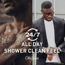 Old Spice Swagger shower clean feel graphic with foam and man in suit