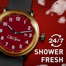 24/7 Shower Fresh body wash graphic with gold watch and red background