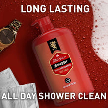 Old Spice Swagger body wash bottle with pump, red, “Shower Fresh” label on droplets
