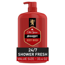 Old Spice Swagger body wash bottle with pump, red, “24/7 Shower Fresh” label