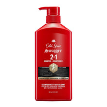 Red 2-in-1 shampoo and conditioner bottle with pump, front label view