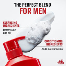 Red pump bottle with foam swirls, 2-in-1 shampoo and conditioner