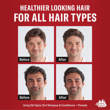 Red 2-in-1 shampoo and conditioner concept with before-and-after hair photos