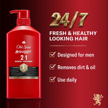 Red 2-in-1 shampoo and conditioner bottle with pump, front view on stand