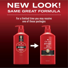 Two red 2-in-1 shampoo and conditioner bottles with pump, promo layout