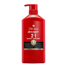 Red 2-in-1 shampoo and conditioner bottle with pump, front label view