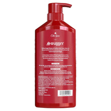 Red 2-in-1 shampoo and conditioner bottle with pump, back label view