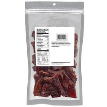 Peppered beef jerky pouch back with nutrition label and dark jerky pieces