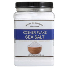 Olde Thompson kosher flake sea salt container, white flakes, front label