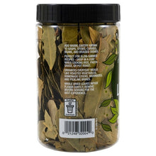 Bay leaves in a clear jar, showing the back label with cooking suggestions and barcode.
