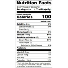 Nutrition Facts label for 1 tortilla, 100 calories