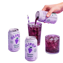 Olipop Classic Grape prebiotic soda can with purple drink in two glasses