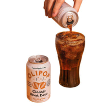 Olipop Classic Root Beer can with cola-colored drink in an iced glass