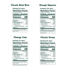 Olipop prebiotic soda nutrition facts for Classic Root Beer, Orange Squeeze, Vintage Cola, Classic Grape