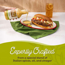 Olive Garden Italian dressing bottle pouring onto meat sandwich