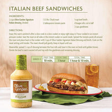 Italian dressing recipe layout with Olive Garden bottle and beef sandwich