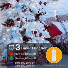 White LED Christmas string lights with timer function, shown near red ornaments.