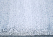 Blue ombre bath mat edge with short plush pile and layered backing
