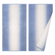 Blue ombre bath towel set, two vertically striped towels with cream center panel