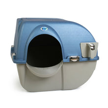 Blue self-cleaning litter box with rounded hood and front exit door open