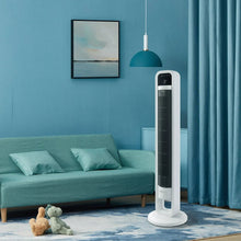 White tower fan with narrow front grille and top control display
