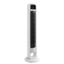 White tower fan with mesh air grille and digital control panel on top